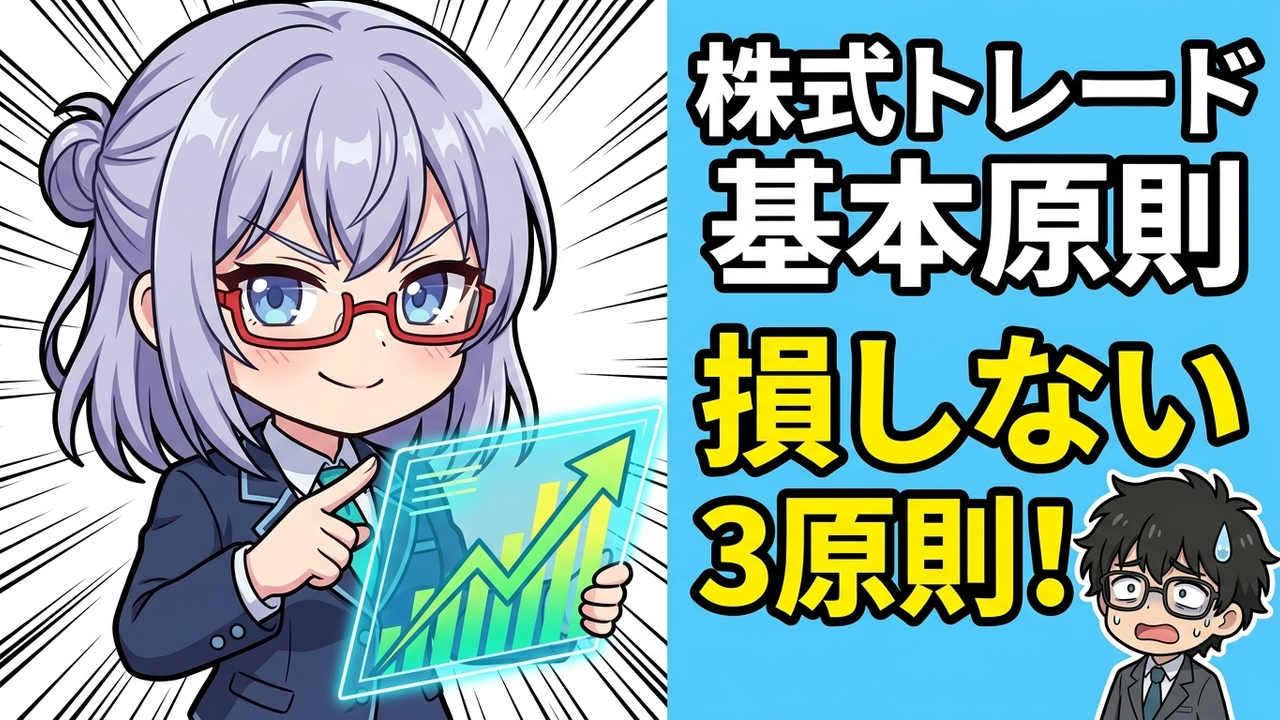 アイキャッチ - YOUTUBE THUMBNAIL. AIちゃんが「株式トレード基本原則」と書かれたホログラムを自信満々に指差し、その右下でJさんが「損失を抑えやすい3原則!」と驚いている