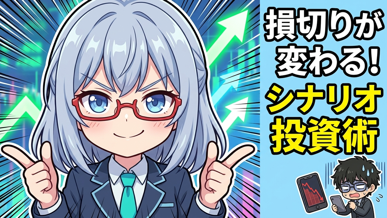 アイキャッチ - Jさんが困り顔で株価チャートを見ており、AIちゃんがホログラムでIf-Thenシナリオと株価サイクルを図解している