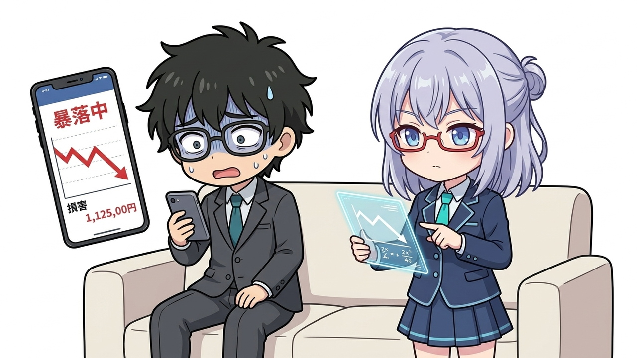 問題提起 - Jさんがソファでスマホを見て呆然としており、AIちゃんが横で諭すように説明している。背景に下落する株価チャートが見える。