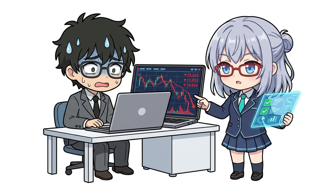 問題提起 - JさんがPC画面の塩漬け株チャートを見て頭を抱え、AIちゃんが傍らで冷静に分析する