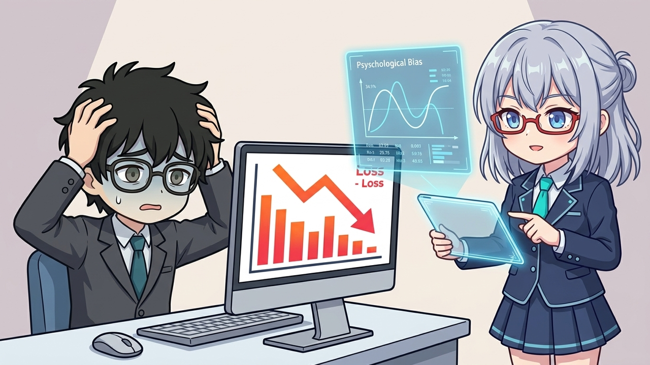 問題提起 - JさんがPC画面を見て顔を青ざめており、AIちゃんがその横で冷静にグラフや数字が描かれたタブレットを指しているチビキャラ。背景は薄暗いオフィスで、Jさんの感情的な投資の失敗を象徴している。
