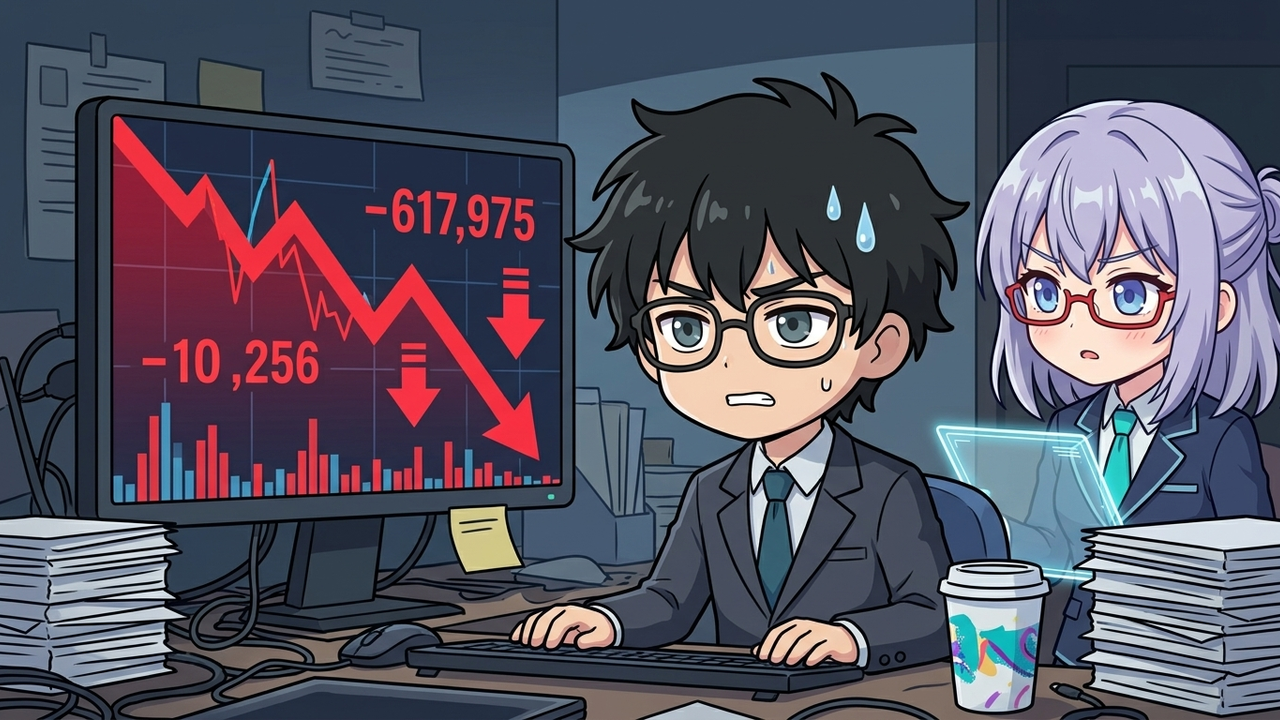 問題提起 - JさんがPC画面を見て顔を青くしている、背景に暴落している株価チャート
