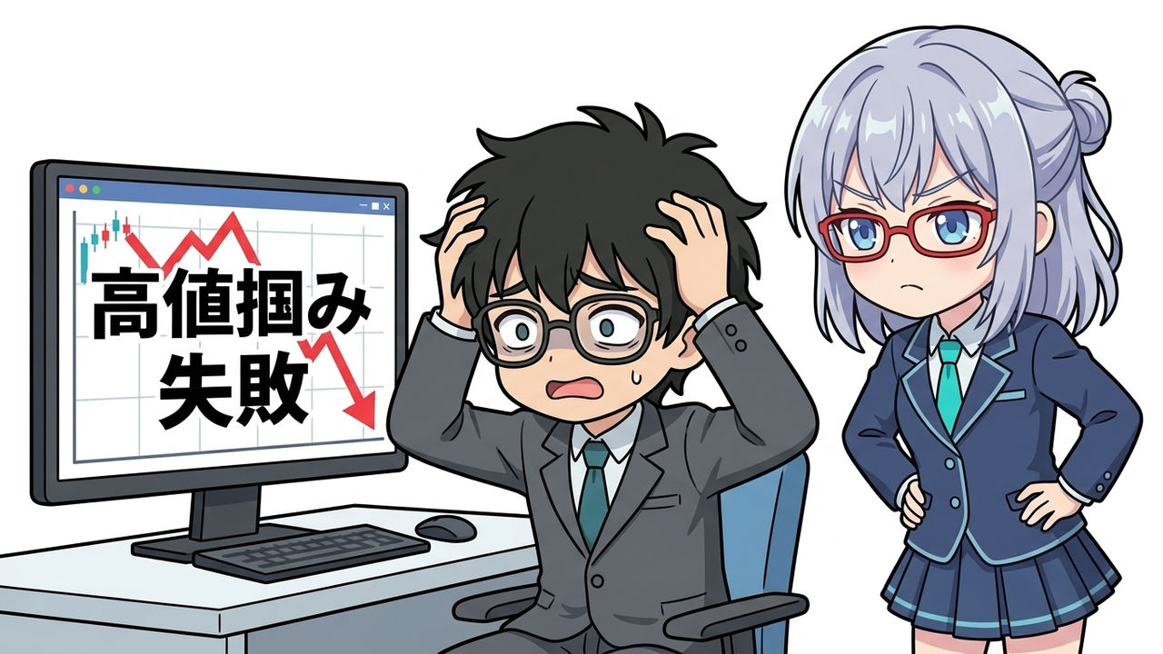 問題提起 - Jさんが高値掴みで含み損を抱え、頭を抱えているシーン。PC画面には暴落中の株価チャートと「予測失敗」の文字