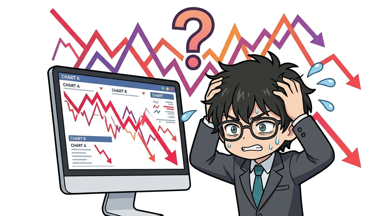 問題提起 - JさんがPC画面を見て、株価の急落に狼狽している。背後にはチャートの赤色の下降トレンドが描かれている。