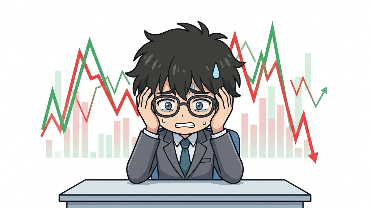 問題提起 - Jさんが、感情に流されるトレードに悩み、頭を抱えている様子。背景には乱高下する株価チャートが薄く表示されている。