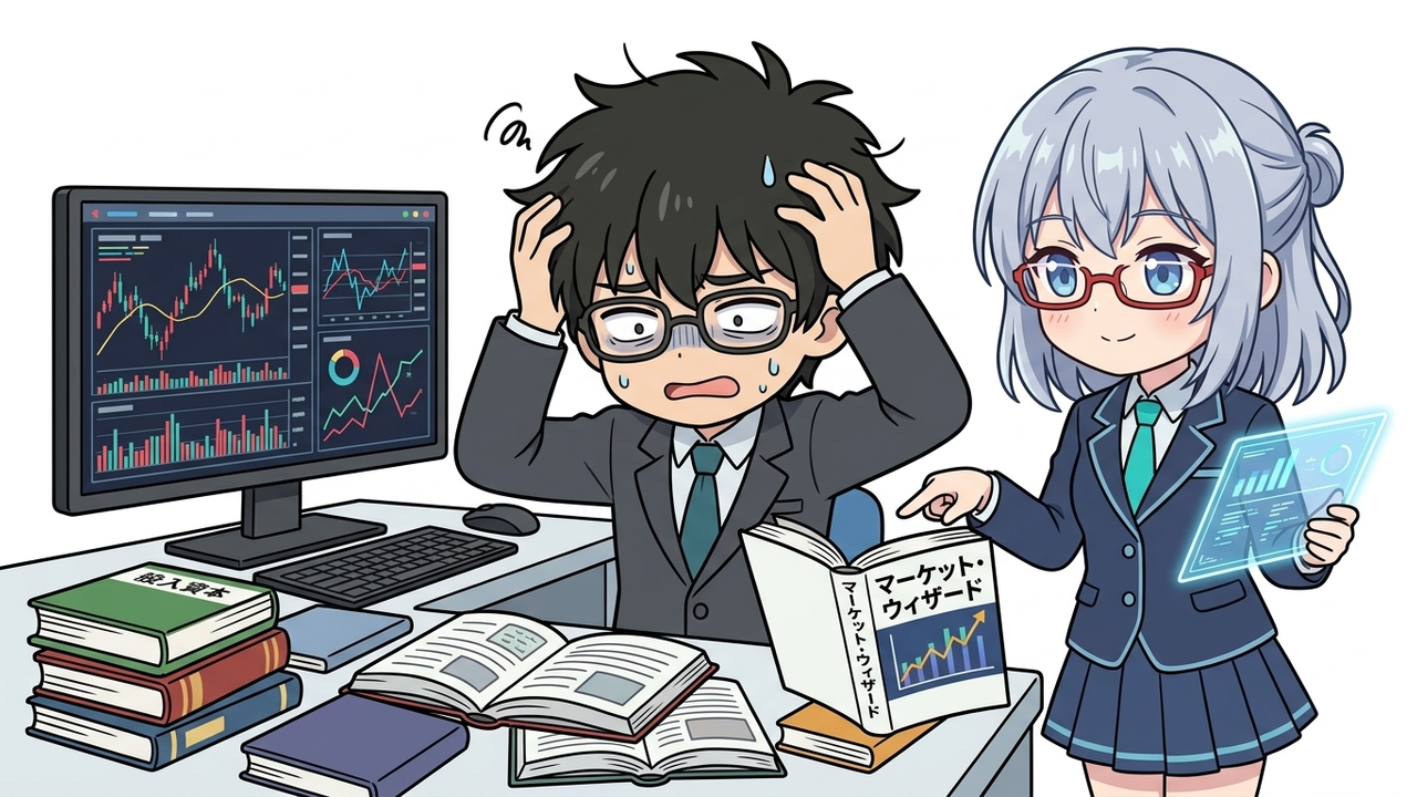 問題提起 - Jさんが机に散らばった投資本やチャートを見ながら頭を抱え、「昔はこうだったのに…」と困惑しているシーン。AIちゃんは横で冷静に本を指差している