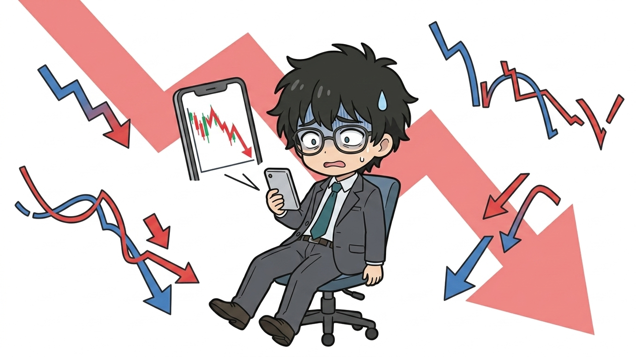 問題提起 - Jさんがスマホの株価チャートを見て、がっくりと肩を落とし、冷や汗をかいている。背景は感情的な株価の乱高下を表すチャート。