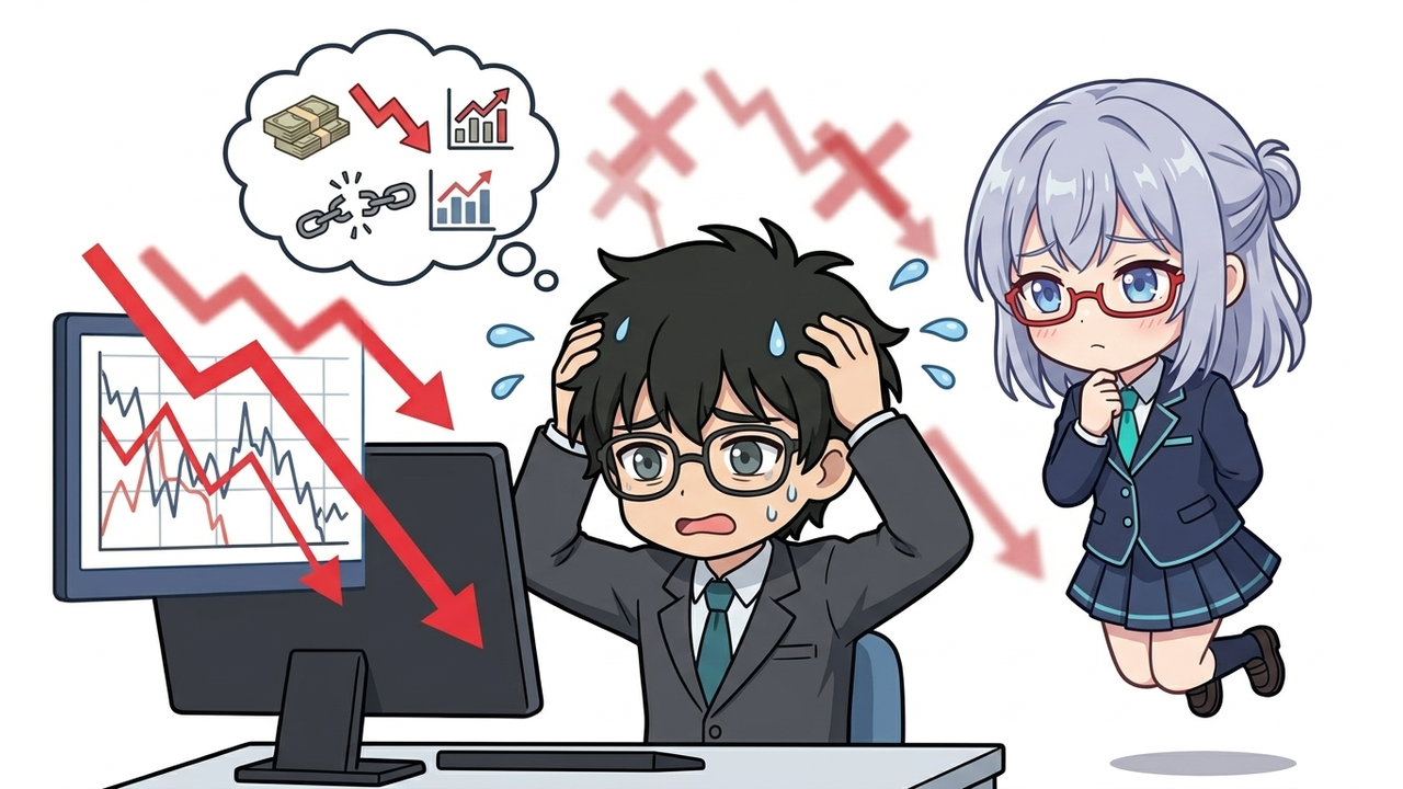 問題提起 - JさんがPC画面の株価チャートを見て、高値掴みや狼狽売りで頭を抱え、汗をかいている。背後には感情的な投資の失敗を象徴する赤いバツマークや下降トレンドのグラフが散りばめられている。 --ar 16:9