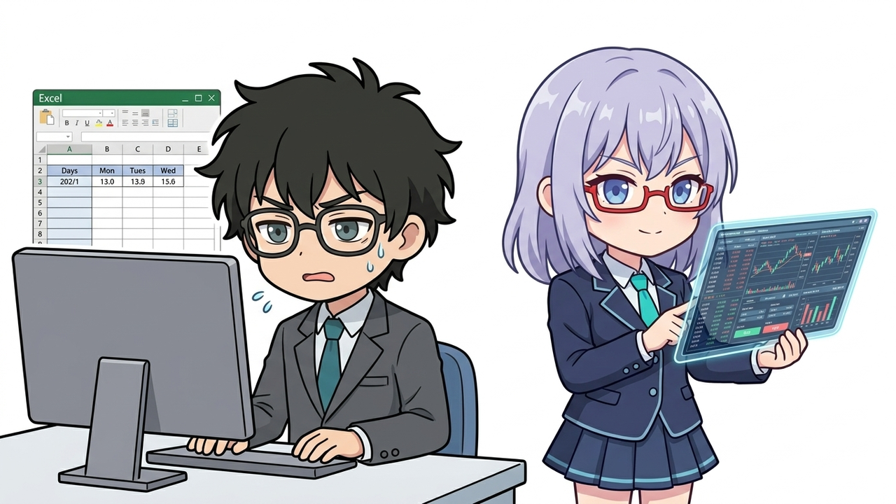 問題提起 - JさんがPC画面のExcelを見ており、データが足りないと焦っている様子。AIちゃんがその隣で余裕の表情でタブレットを操作している。