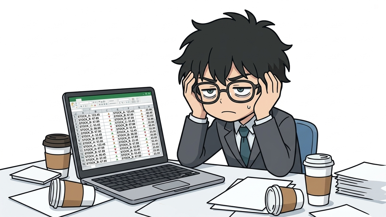 問題提起 - JさんがPC画面の株価データを見て、眉間にしわを寄せながら頭を抱えているチビキャラ