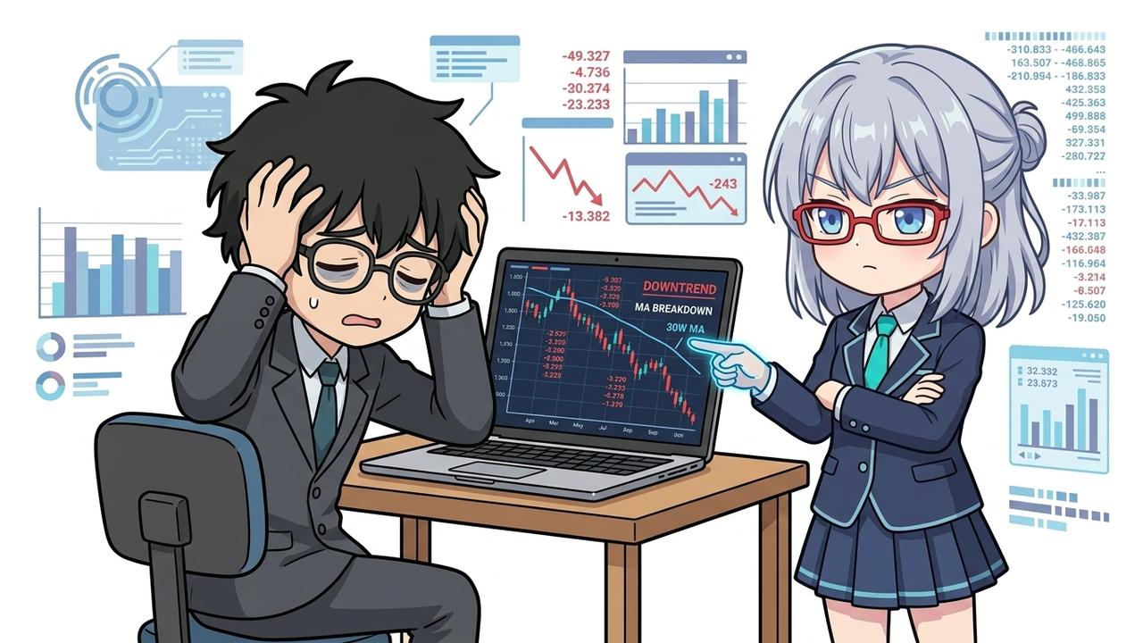 問題提起 - JさんがノートPCの前で頭を抱え、隣のAIちゃんがモニターの下降トレンドチャートを冷静に見ているチビキャラ