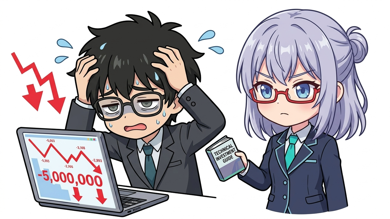 問題提起 - JさんがPC画面の株価チャートを見て、頭を抱え、塩漬け銘柄の含み損に悩んでいるチビキャラ