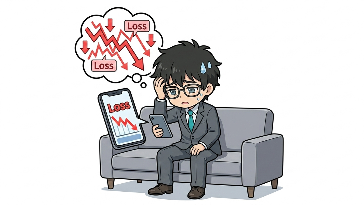 問題提起 - Jさんがスマホ画面の含み損銘柄を見て、頭を抱えて焦っている。背景には複雑な株価チャートが乱雑に表示されている。