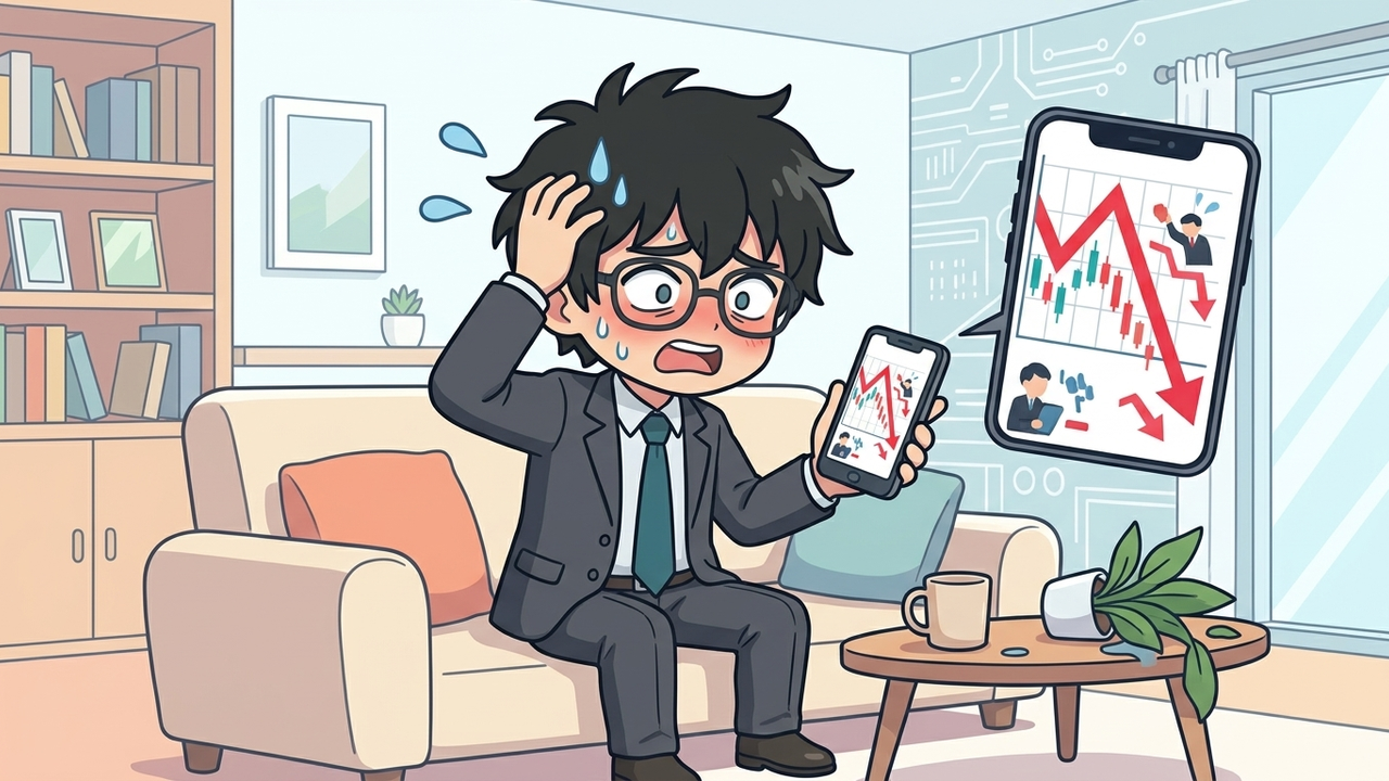 問題提起 - Jさんがスマホを握りしめ、株価の赤い下落矢印を見て頭を抱え、困惑した表情を浮かべているチビキャラ