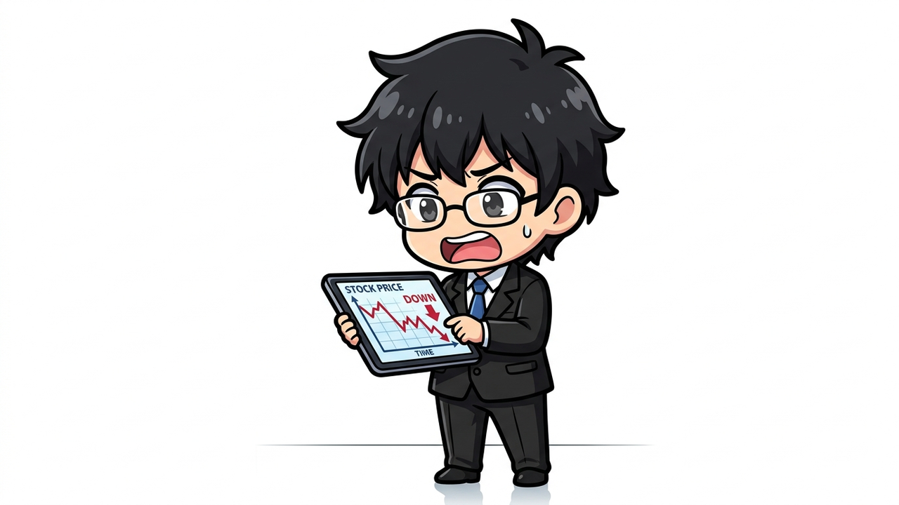 問題提起 - Jさんが割安株のチャートを見て悩んでいるチビキャライラスト。