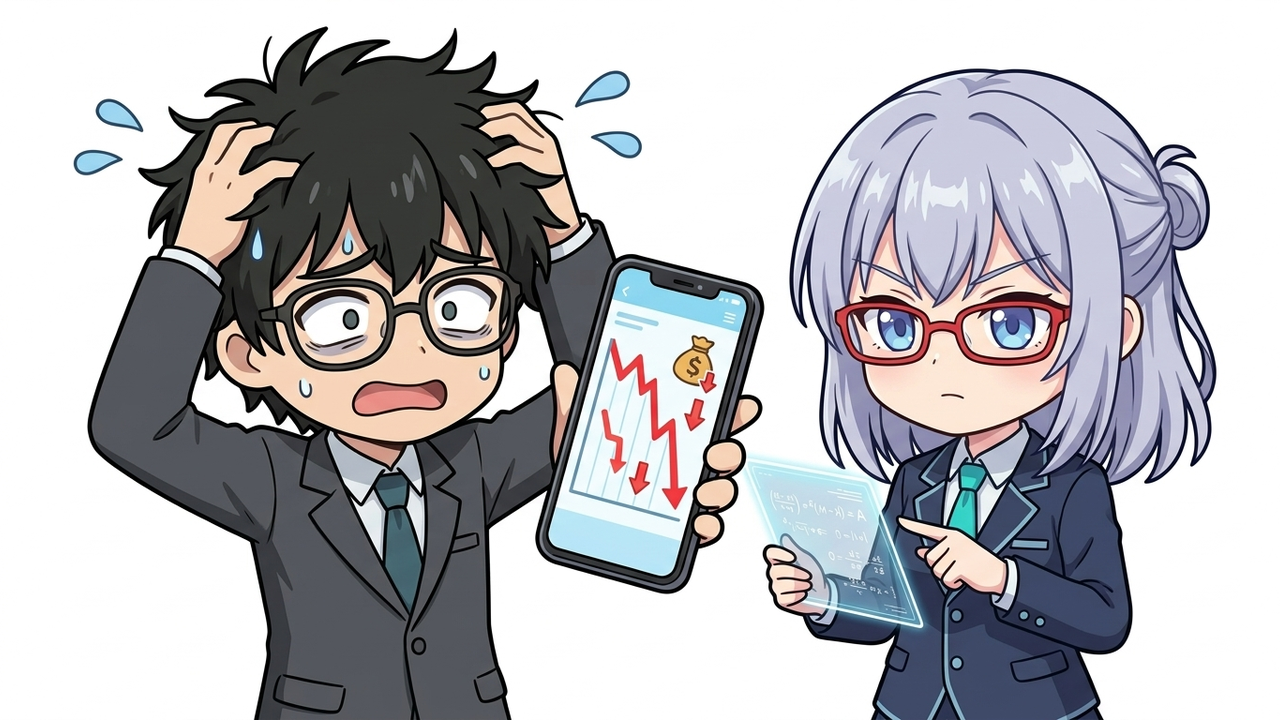 問題提起 - JさんがFXチャートを見て損切りできずに冷や汗をかいているチビキャラ