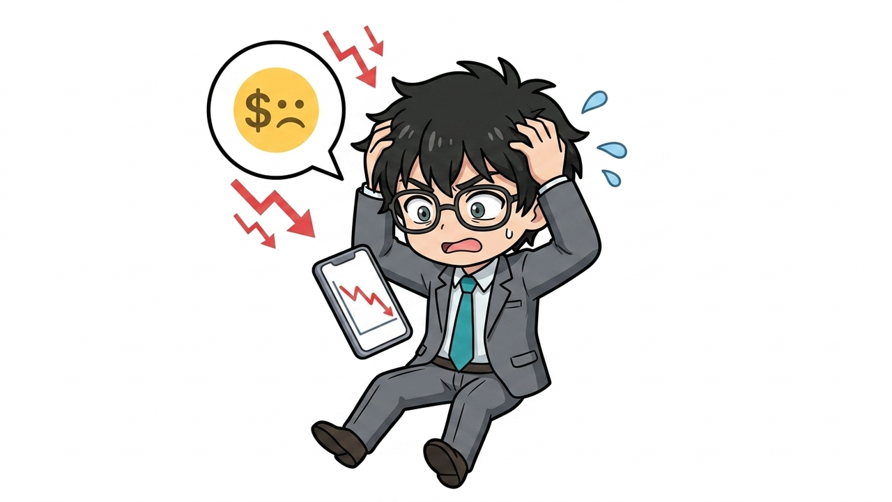 問題提起 - Jさんがスマホの株価チャートを見て頭を抱え、困惑している様子