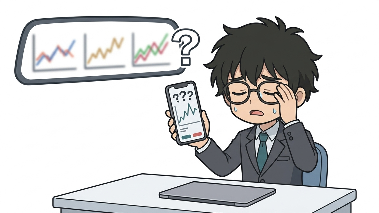 問題提起 - Jさんが片目を手で覆い、困惑した表情で株価チャートだけを凝視している。バックミラーには債券や金の市場がぼんやりと映り、Jさんがそれらを見落としている様子
