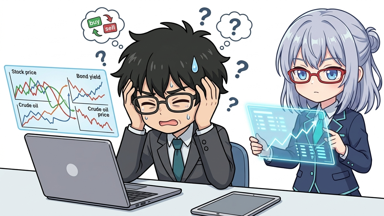 問題提起 - JさんがノートPCの前で頭を抱え、モニターには複雑に絡み合った株価、債券利回り、原油価格のチャートが表示されている。AIちゃんは横で冷静に分析結果をホログラム表示している。