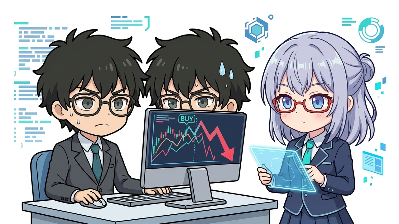 問題提起 - JさんがPC画面の株価チャートを見て頭を抱え、AIがその隣で冷静にタブレットを操作しているチビキャラ