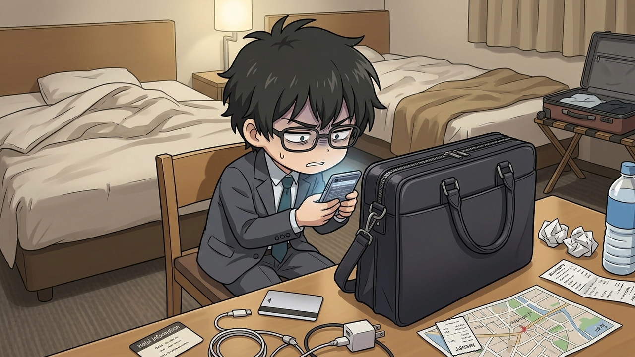 問題提起 - 出張先でノートPCがなくて困っているJさんが「リモートデスクトップ」という解決策を発見するシーン