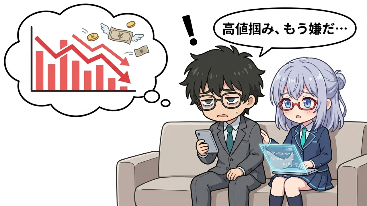 問題提起 - Jさんが投資の難しさに頭を抱え、スマホを見ているシーン