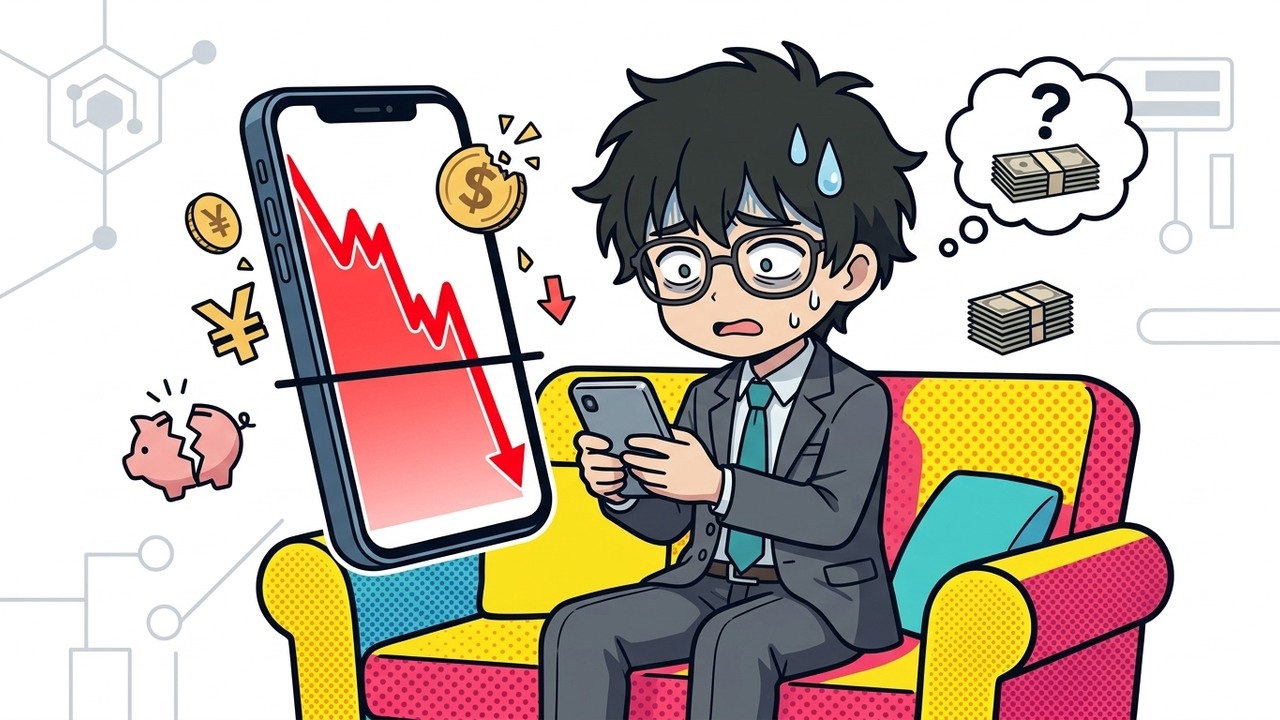問題提起 - Jさんがスマホを凝視し、株価チャートが真っ赤に下落しているのを見て、焦りと困惑の表情を浮かべるイラスト。