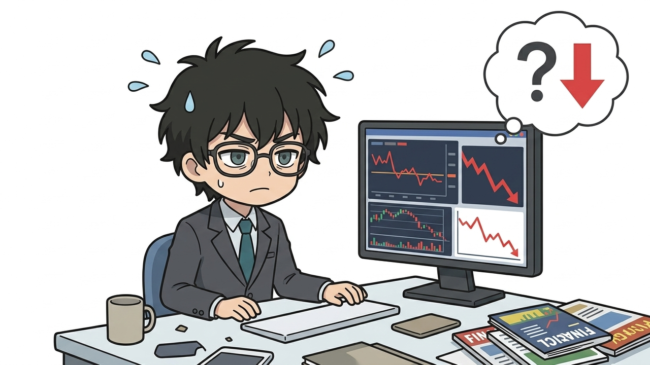 問題提起 - JさんがPC画面を見て、上がらない株に困惑している様子