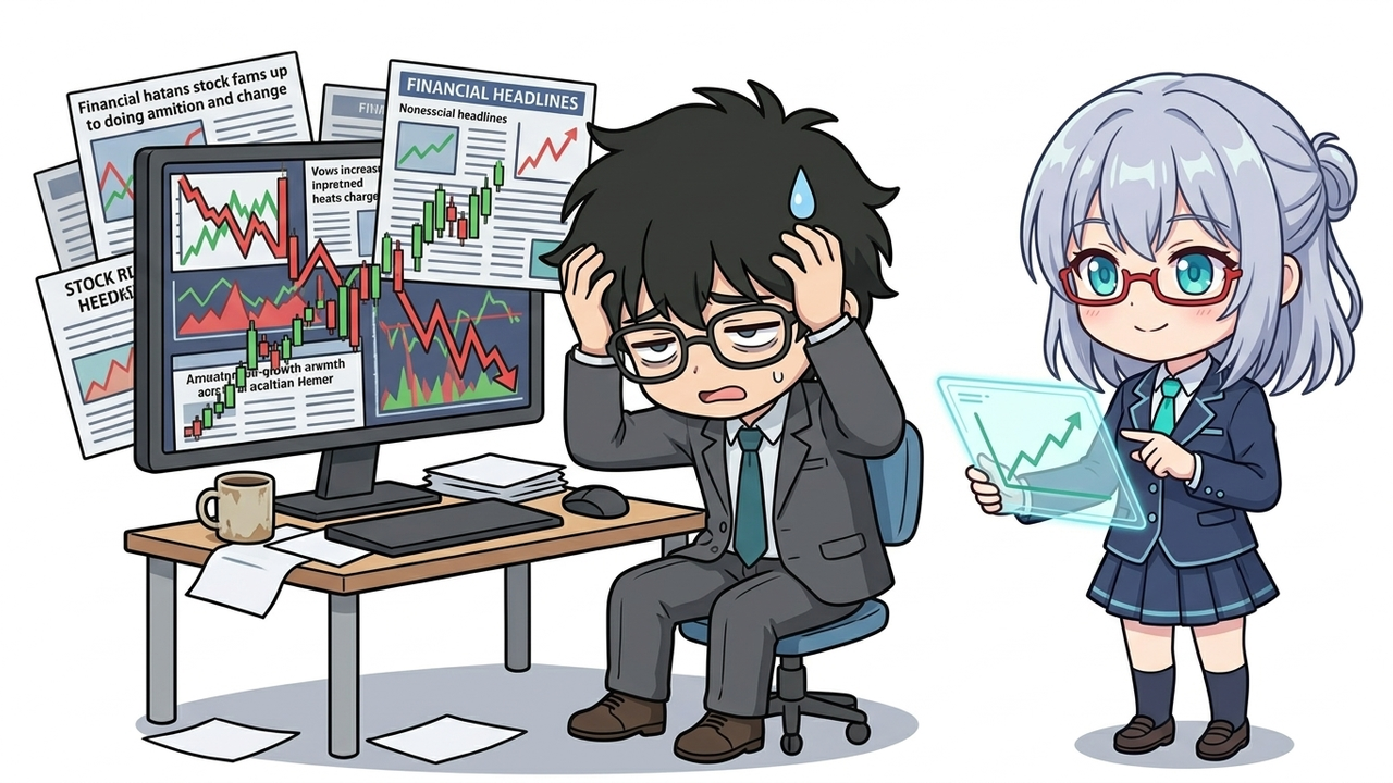問題提起 - Jさんがパソコンの前で「時価総額300億円以下？増収率20%以上？」と頭を抱え、AIちゃんが横でタブレットを指差しながら解説しているチビキャラ