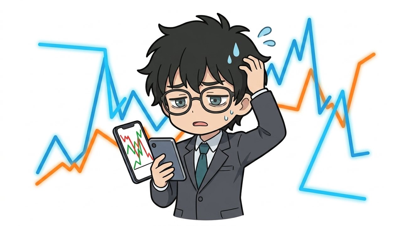 問題提起 - Jさんがスマホの株価チャートを前に腕を組み、困惑した表情で頭を悩ませている。背後には無秩序な株価のギザギザチャートが薄く表示されている