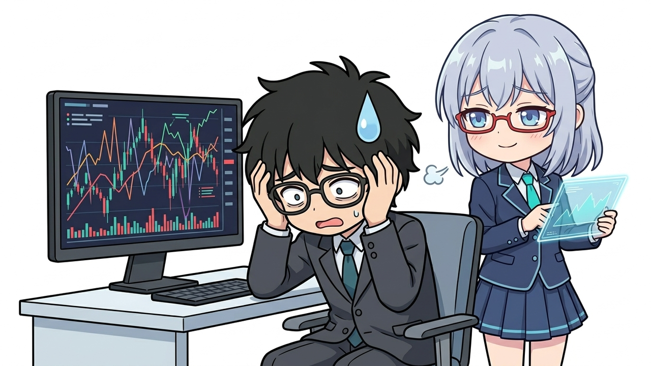 問題提起 - JさんがPCの前で頭を抱え、株価チャートを見て悩んでいるちびキャラのイラスト