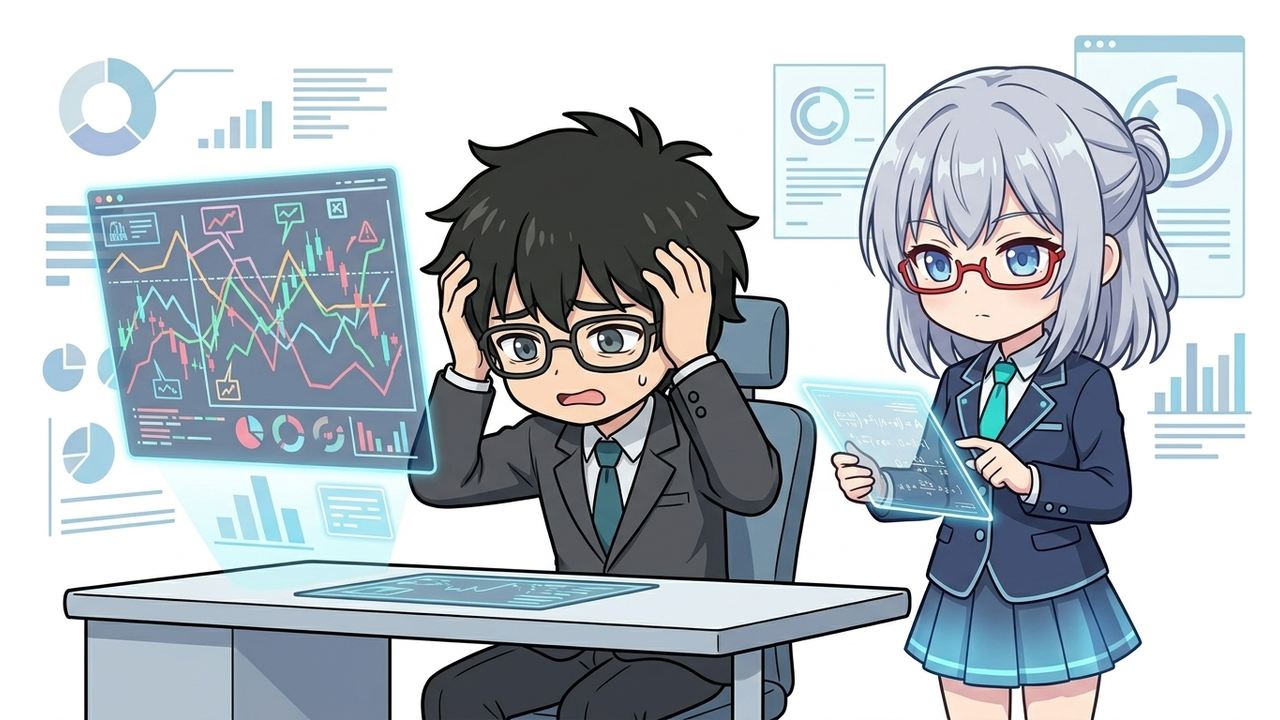 問題提起 - Jさんが机に座り、頭を抱えて株価チャートを見て混乱している様子。AIちゃんが隣で冷静にタブレットを操作している