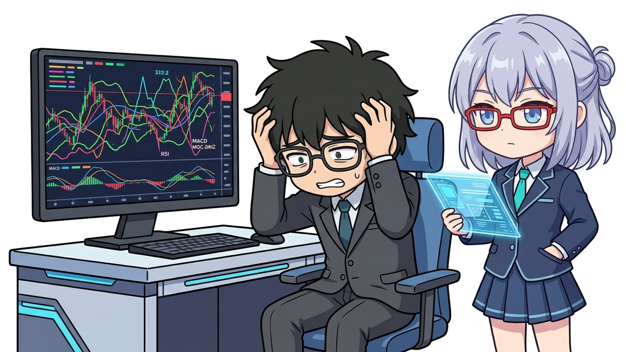 問題提起 - Jさんが複数のテクニカル指標が表示された複雑なチャートを前に頭を抱え、困惑しているちびキャラ。AIちゃんがその横で冷静に腕を組んで見ている。