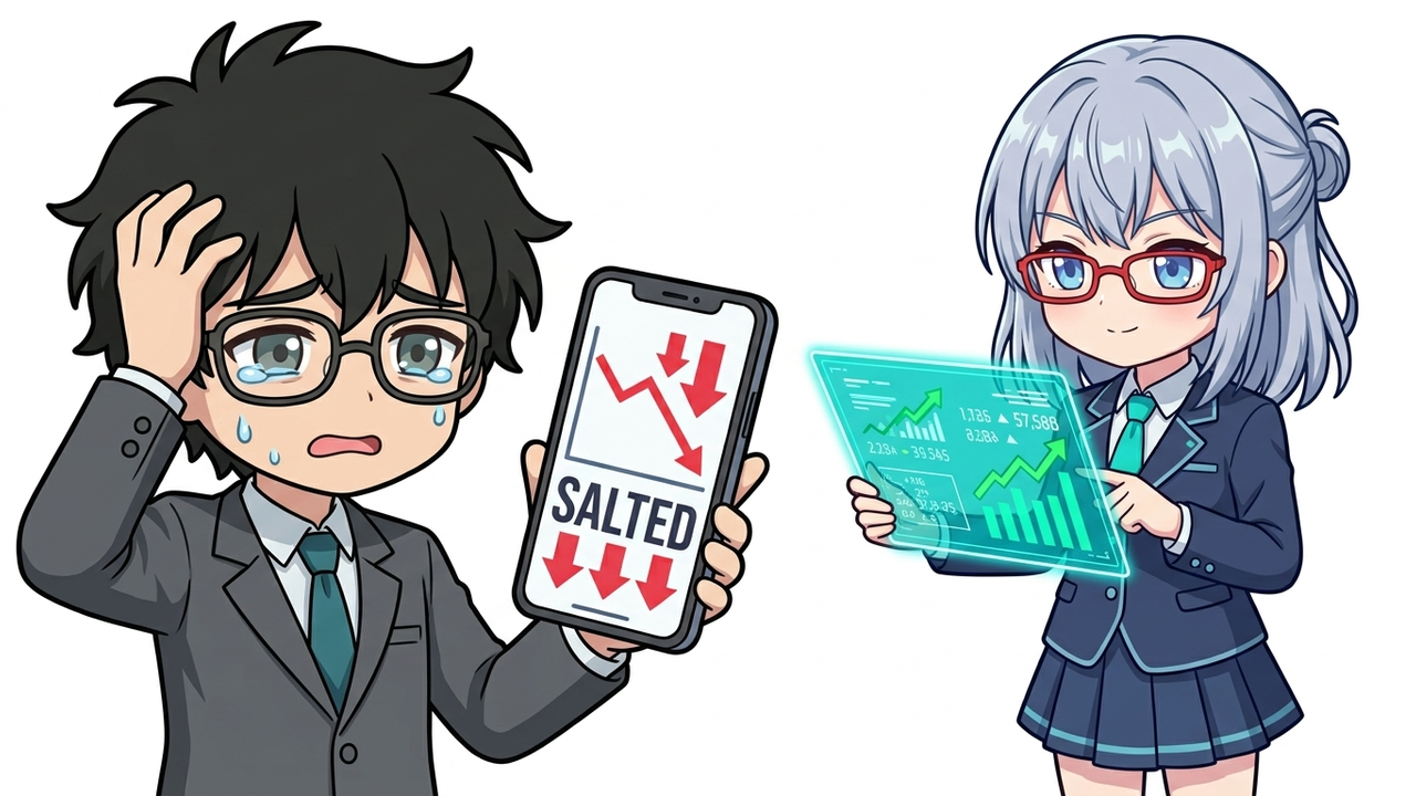 問題提起 - Jさんがスマホの株価チャートを見て、高値掴みと塩漬けの銘柄に頭を抱え、困惑している様子。AIが冷静に横からデータ画面を提示している