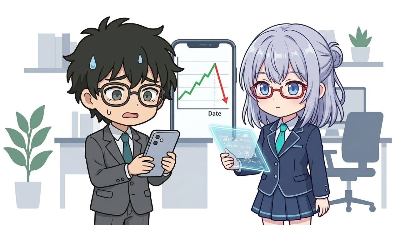 問題提起 - Jさんがスマホで優待銘柄の株価チャートを見て、権利落ちによる下落に困惑しているチビキャラ