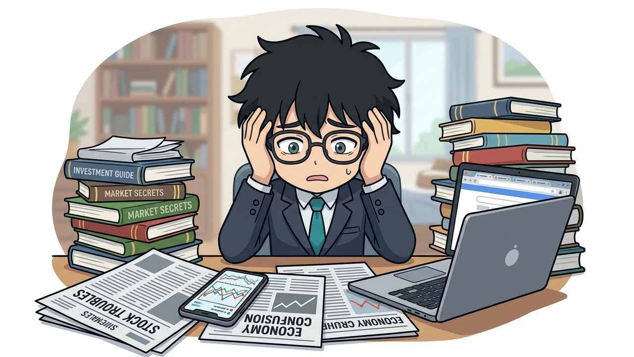 問題提起 - Jさんが机に向かい、散らかった株関連の資料やスマホ、PCを前に困惑顔で頭を抱えているチビキャラ