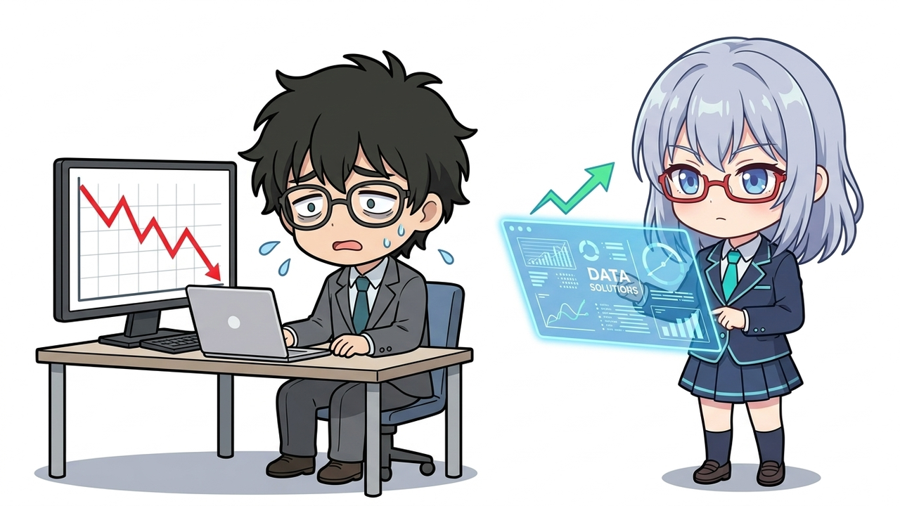 問題提起 - JさんがPC画面に表示された株価の急落グラフを見て頭を抱えている。隣でAIちゃんが冷静にタブレットで資料を提示している
