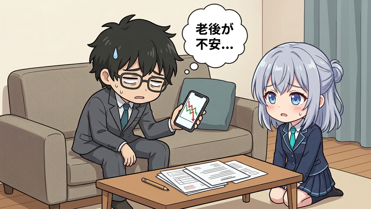 問題提起 - Jさんが仕事に追われ、老後の不安を抱えてソファでスマホを眺めている