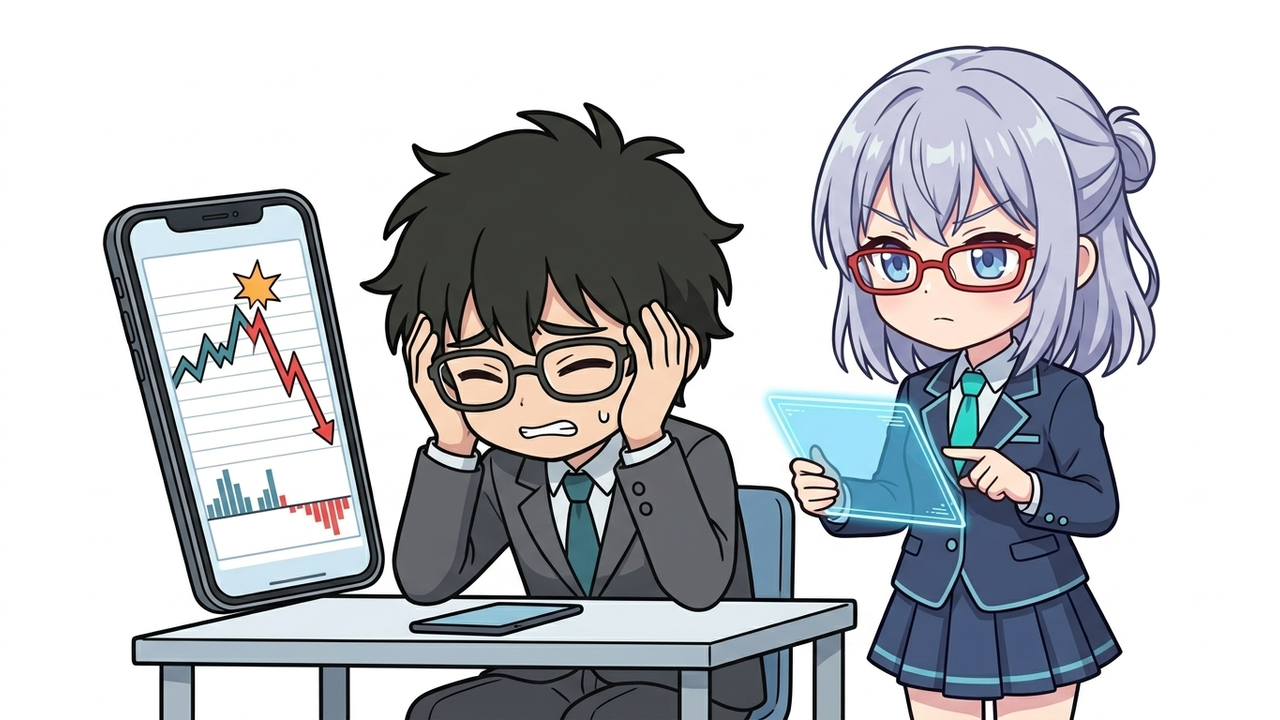 問題提起 - Jさんがチャートの急落を見て頭を抱えているイラスト