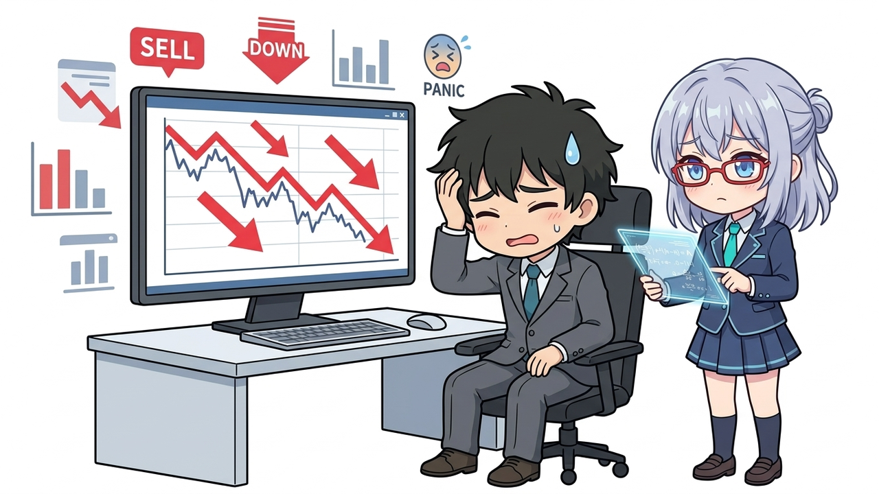 問題提起 - JさんがPC画面の株価チャートを見て、急な下落に困惑している様子