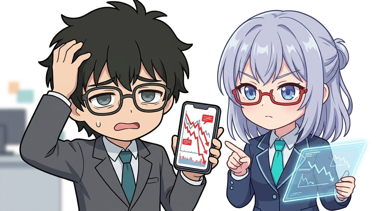 問題提起 - Jさんがスマホの株価チャートを見て、がっかりした表情で頭を抱えている。背景には急落するチャートが描かれている