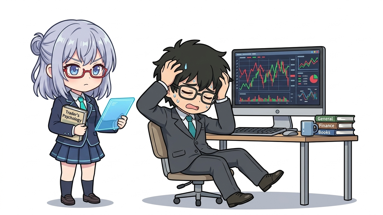問題提起 - JさんがPC画面の株価チャートを見て、頭を抱えて焦っているチビキャラ