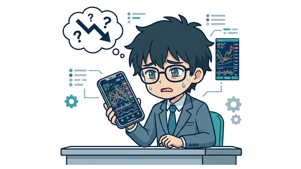 問題提起 - J-san (chibi style, middle-aged salaryman in suit) がスマホの複雑なチャート画面を見て困惑している。背景には雑多なインジケーターのグラフが散乱している。
