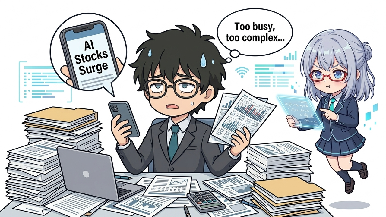 問題提起 - Jさんがデスクで顔をしかめ、山積みの仕事書類とスマホを前に途方に暮れているチビキャラ。背景は薄暗いオフィス。