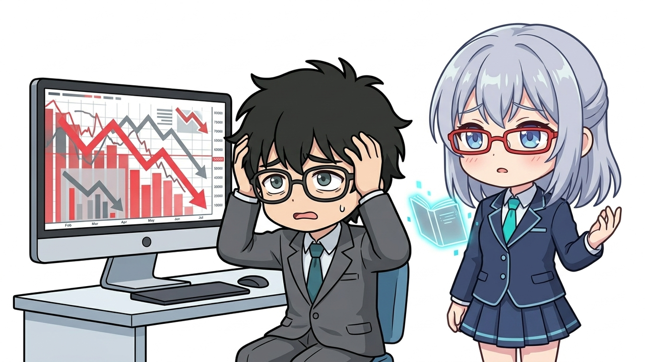 問題提起 - JさんがPC画面の株価チャートを見て、頭を抱えて困惑している。背景には株価の乱高下のグラフ、AIちゃんが隣で優しい表情で見守っている。