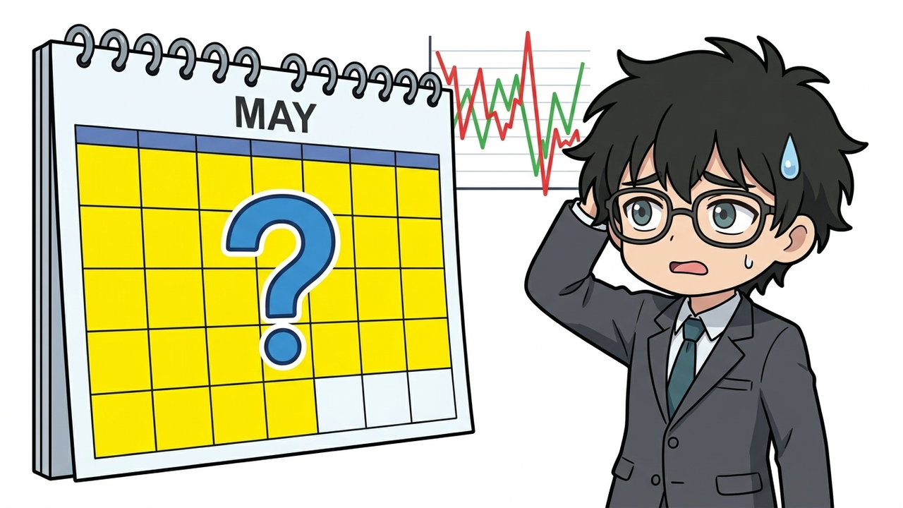 問題提起 - Jさんがカレンダーを見ながら「5月に売れ？」と困惑した表情で首をかしげているチビキャラ。背後には株価が急落するグラフが薄く見えている。