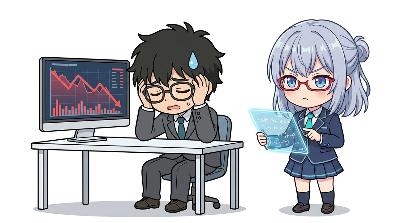 問題提起 - JさんがPC画面の赤い株価チャートを見て頭を抱え、隣でAIが冷静にタブレットでデータを分析しているシーン