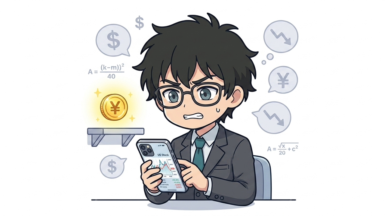 問題提起 - J-san (chibi style, middle-aged salaryman in suit) looking worriedly at a smartphone screen displaying a US stock chart, while a small, glowing Japanese Yen coin floats in the background, almost unnoticed. Chibi style, clean vector art, flat design, vibrant colors, pop and tech atmosphere, white background --ar 16:9