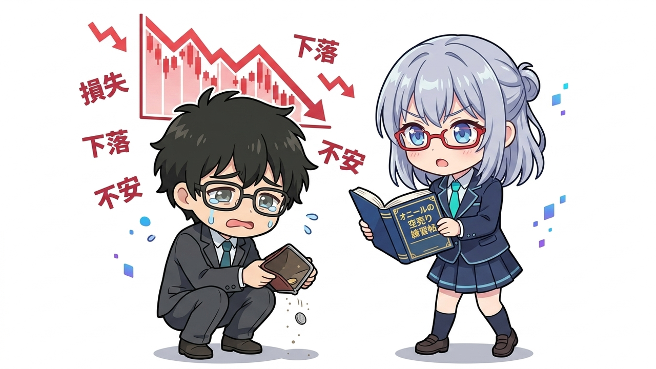 問題提起 - Jさんが打ちひしがれた顔で空の財布を持ち、背景には急落する株価チャートが描かれている。AIは心配しつつも毅然とした表情でJさんを見つめている。