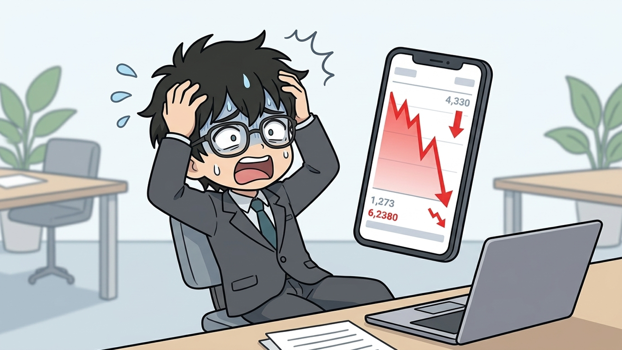 問題提起 - Jさんがスマホを見て、高値掴みで損をしたことにショックを受けているチビキャラ